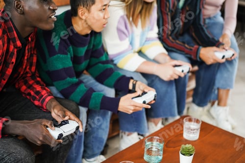 Preview: Multiracial young friends having fun playing video games at home
