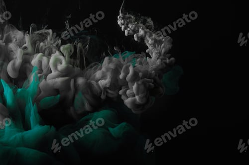 Preview: abstract dark background with green and grey splashes of mixing paint
