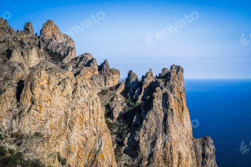Preview: Sheer cliffs near the sea of the volcanic formation Karadag in Koktebel Crimea