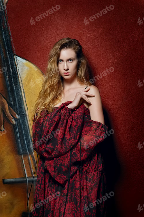 Preview: fashion model in long designers dress