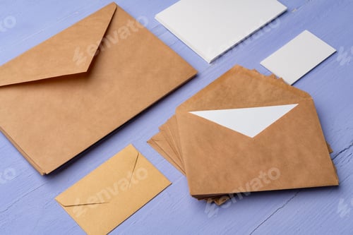 Preview: Letter envelope on lavender wooden background, copy space