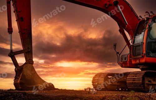 Preview: Backhoe parked at construction site after digging soil. Bulldozer on sunset sky and cloud background