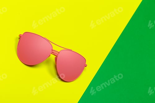 Preview: Bright pink sunglasses on a vibrant yellow and green background create a bold summer vibe