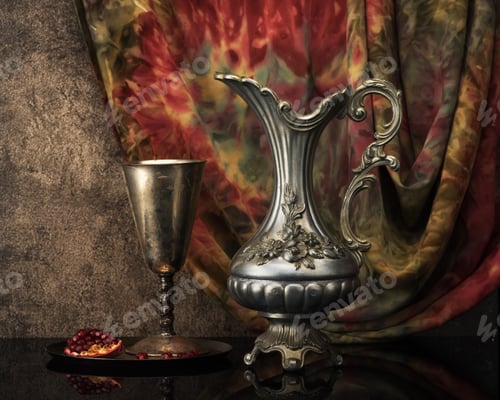 Preview: Retro still life with jug wine, metal goblet and a pomegranate