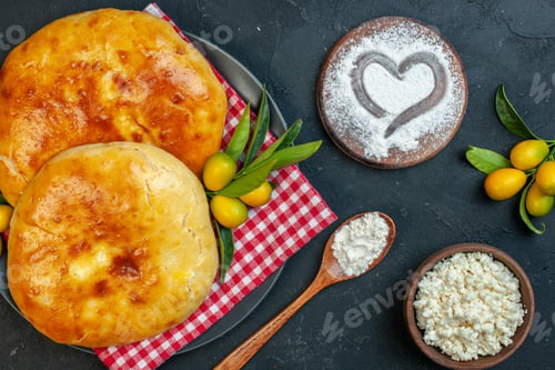 Preview: Close up view of delicous fresh baked pastries kumquats with stem on red stripped towel and cheese
