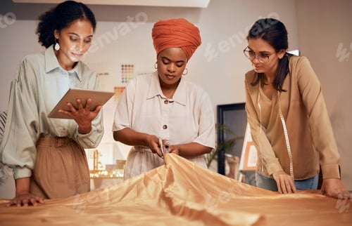 Preview: Creative woman, fashion design and tablet in teamwork for clothing, garment or material in startup