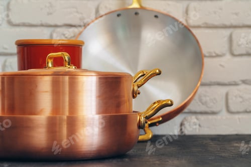 Preview: Clean copper cookware in kitchen close up