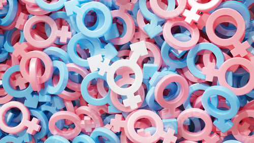 Preview: White transgender symbol on background of many pink and blue sex signs. Colors of transgender flag.