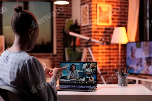 Preview: Woman attending online job interview, speaking with HR manager