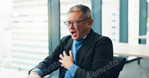 Preview: Loss, stress or businessman with heart attack, debt and anxiety for bankruptcy or worry. Chest pain