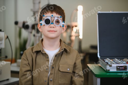 Preview: Boy undergoing eyesight examination wearing trial frame in ophthalmology clinic