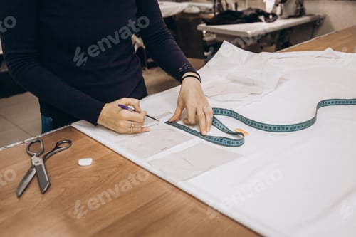 Preview: Tailor sews clothes. A woman dressmaker makes patterns in her atelier. Profession cutter, tailor