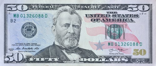 Preview: Portrait of US president Ulysses Simpson Grant on 50 dollars banknote closeup macro fragment