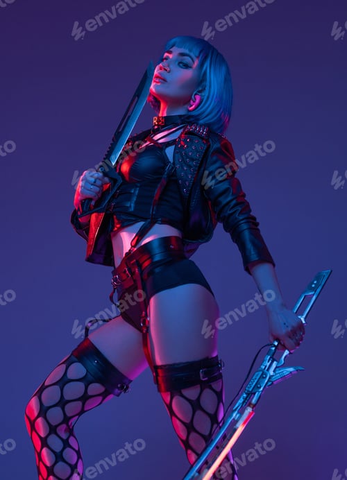 Preview: Elegance cyberpunk woman with dagger and sword
