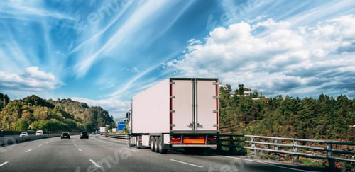 Preview: Truck Or Traction Unit In Motion On Road, Freeway. Asphalt Motorway Highway Against Background Of