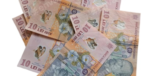 Preview: Stack of romanian polymer banknotes, romanian RON currency on white background