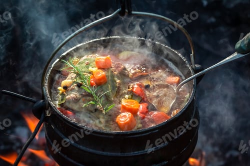Preview: Hot and yummy hunter's stew on bonfire