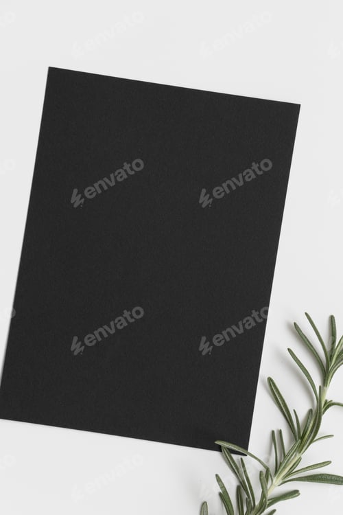 Preview: Invitation black card mockup with a rosemary. 5x7 ratio, similar to A6, A5.