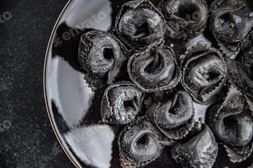 Preview: ravioli black agnolotti color cuttlefish ink fresh seafood salmon fish cooking appetizer meal food