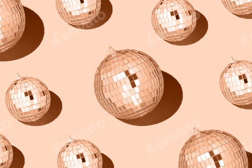 Preview: Color of the year 2024 peach fuzz.Shiny disco balls. 90s retro party time concept