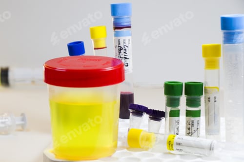 Preview: Closeup shot of healthcare containers and tubes in the laboratory