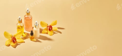 Preview: Cosmetic care products in glass bottles with orchid flowers - serums, cream, gel, oils. Concept for