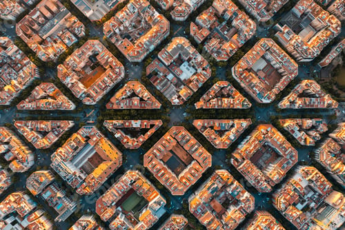 Preview: Aerial view of typical buildings of Barcelona cityscape. Eixample residential famous urban grid