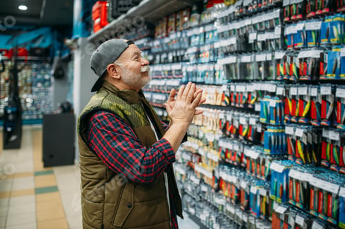 Preview: Angler choosing hooks and baubles in fishing shop