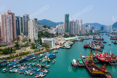 Preview: Aberdeen, Hong Kong 12 May 2019: Drone fly over Hong Kong fishing harbor port