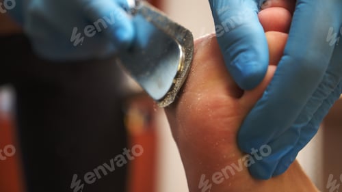 Preview: Removal of old skin on the female foot. Woman having spa procedure in spa.