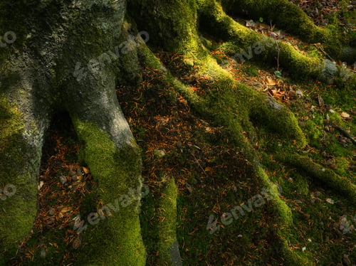 Preview: Detail of tree roots covered with moss as a texture or background