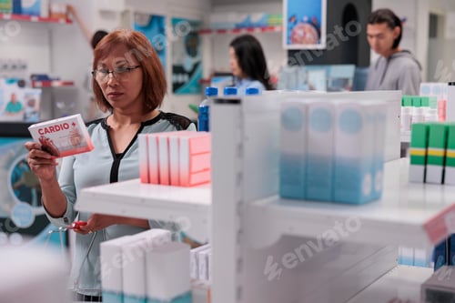 Preview: Asian client analyzing box of cardiology pills