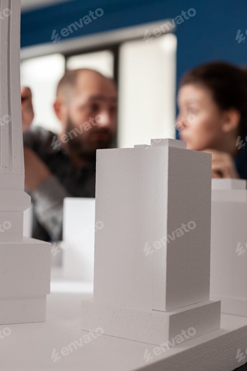 Preview: Closeup of white foam architectural scale model of residential building complex