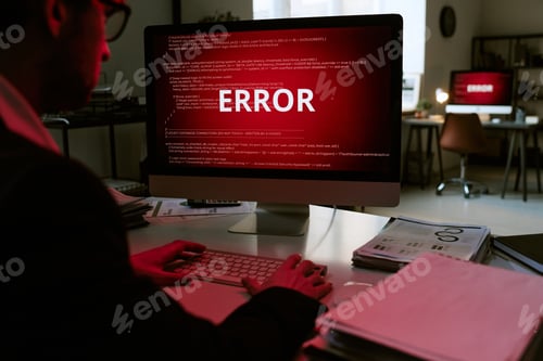 Preview: Young Adult Caucasian Man Working on Computer Displaying Error Message