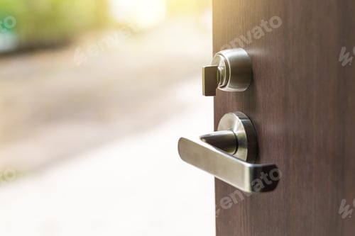 Preview: Open the modern wooden door with metal door handles lock to see outside nature view (Outdoors).