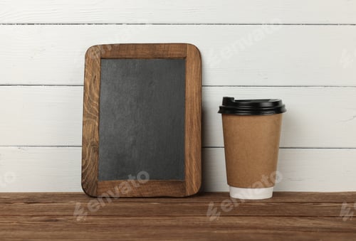 Preview: Brown paper coffee cup and slate chalkboard sign