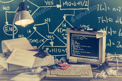 Preview: Vintage computing laboratory on green chalkboard background