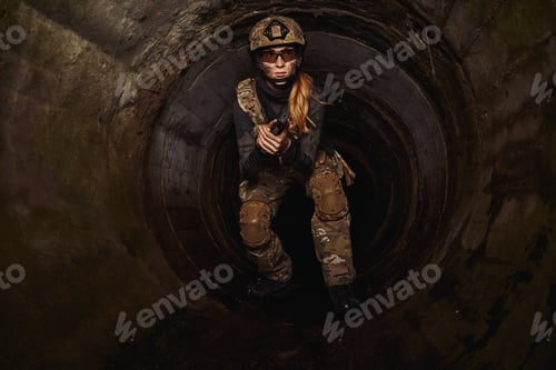Preview: Woman in helmet and uniform working soldier
