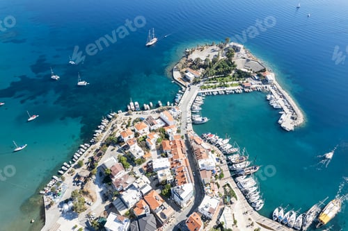 Preview: Datca city beach and marina aerial panoramic view. Marmaris city in Mugla Province, Turkey.