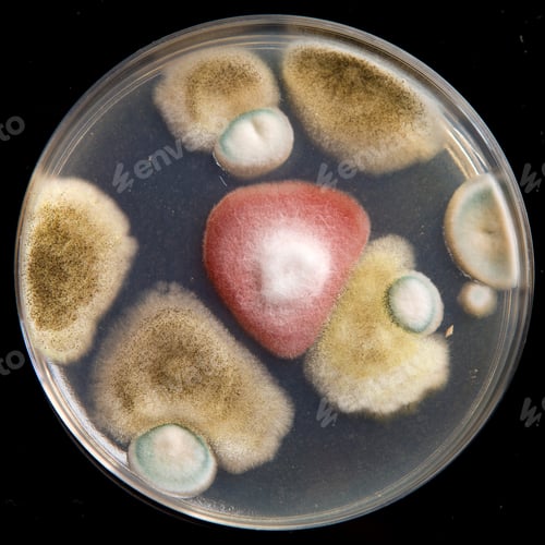 Preview: Petri dish with culture of microorganisms including filamentous fungi and bacteria
