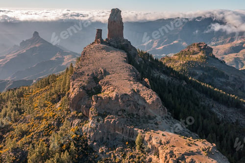 Preview: Aerial view of Roque Nublo, a volcanic rock in caldera of Tejeda, Gran Canaria, Canary islands, Spai