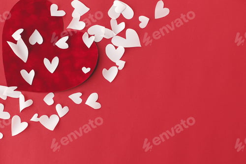 Preview: Stylish hearts on red background flat lay, space for text. Valentines day greeting card template