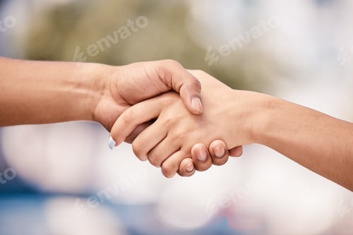 Preview: Handshake, hand and solidarity, partnership and collaboration, together and team closeup. Diversity