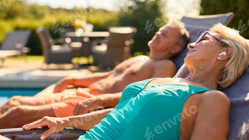 Preview: Senior Couple On Holiday With Woman Wearing Wireless Earbuds By Hotel Swimming Pool