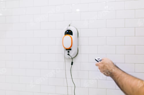 Preview: Man washes the white tiles on the walls in the bathroom with a gadget - a window cleaner
