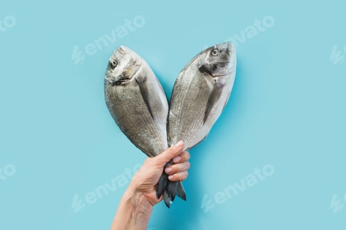Preview: Female hand with two dorado fish tail on blue paper as color of sea.