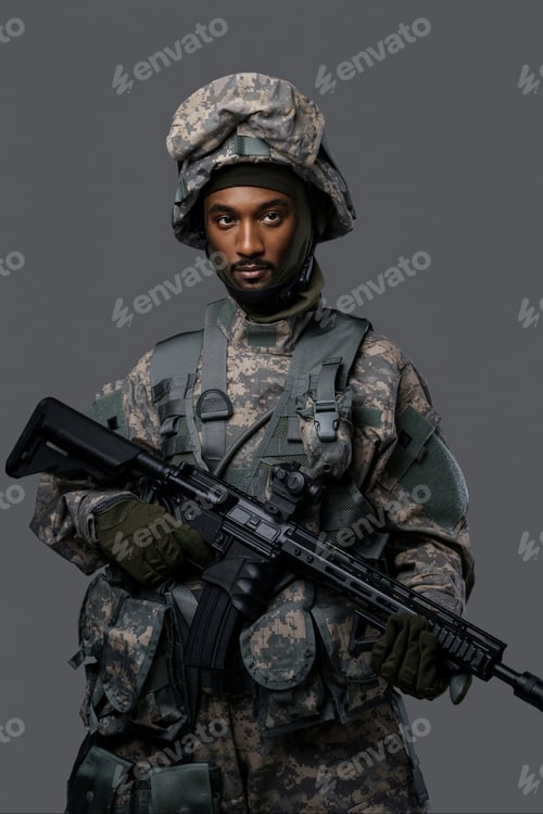 Preview: Focused Adult Soldier with Camouflage and Rifle