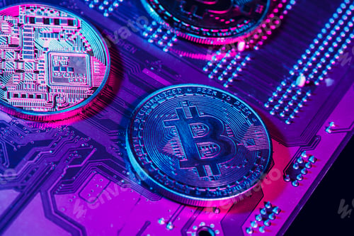 Preview: golden bitcoin and computer chip in background