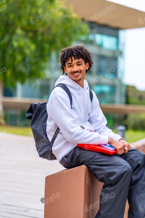 Preview: African american student with dreadlocks waiting sitting outside the university