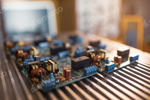 Preview: Close-up electric green embedded microcircuits in production